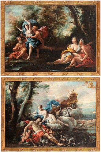 Paire de Scènes Mythologiques  1) "Apollon et Daphné"